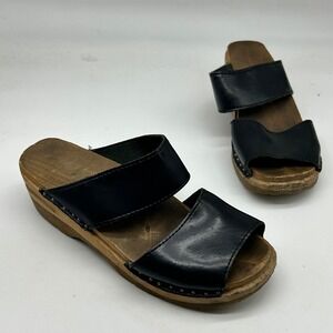 Troentorps Swedish Sandal Clogs Black Leather‎ Two Strap Wooden Slide Size 37